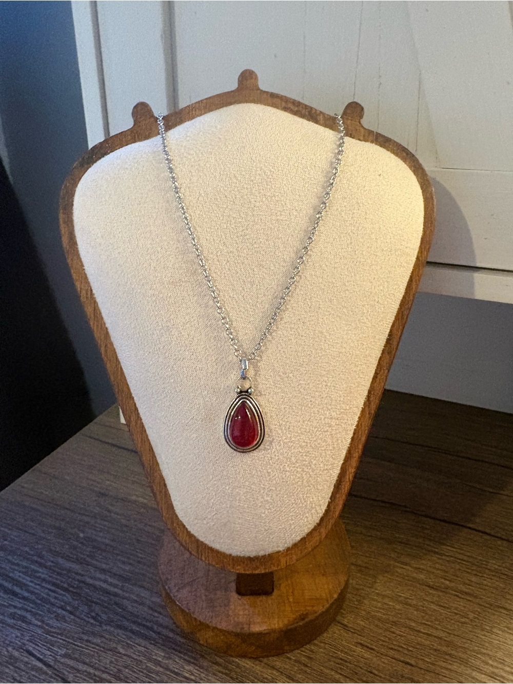 Silver Necklace with Red Teardrop Pendant - Women Jewelry